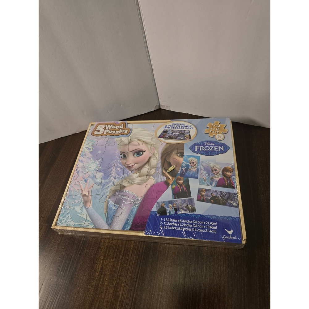 Disney Frozen 5 Wood Puzzles Storage Tray Set Cardinal Games Elsa Anna Olaf NEW